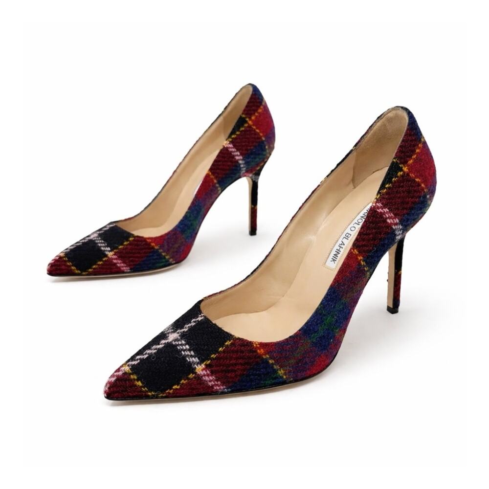 Manolo Blahnik BB Check Wool Stiletto Heels Womens Size EU 37.5